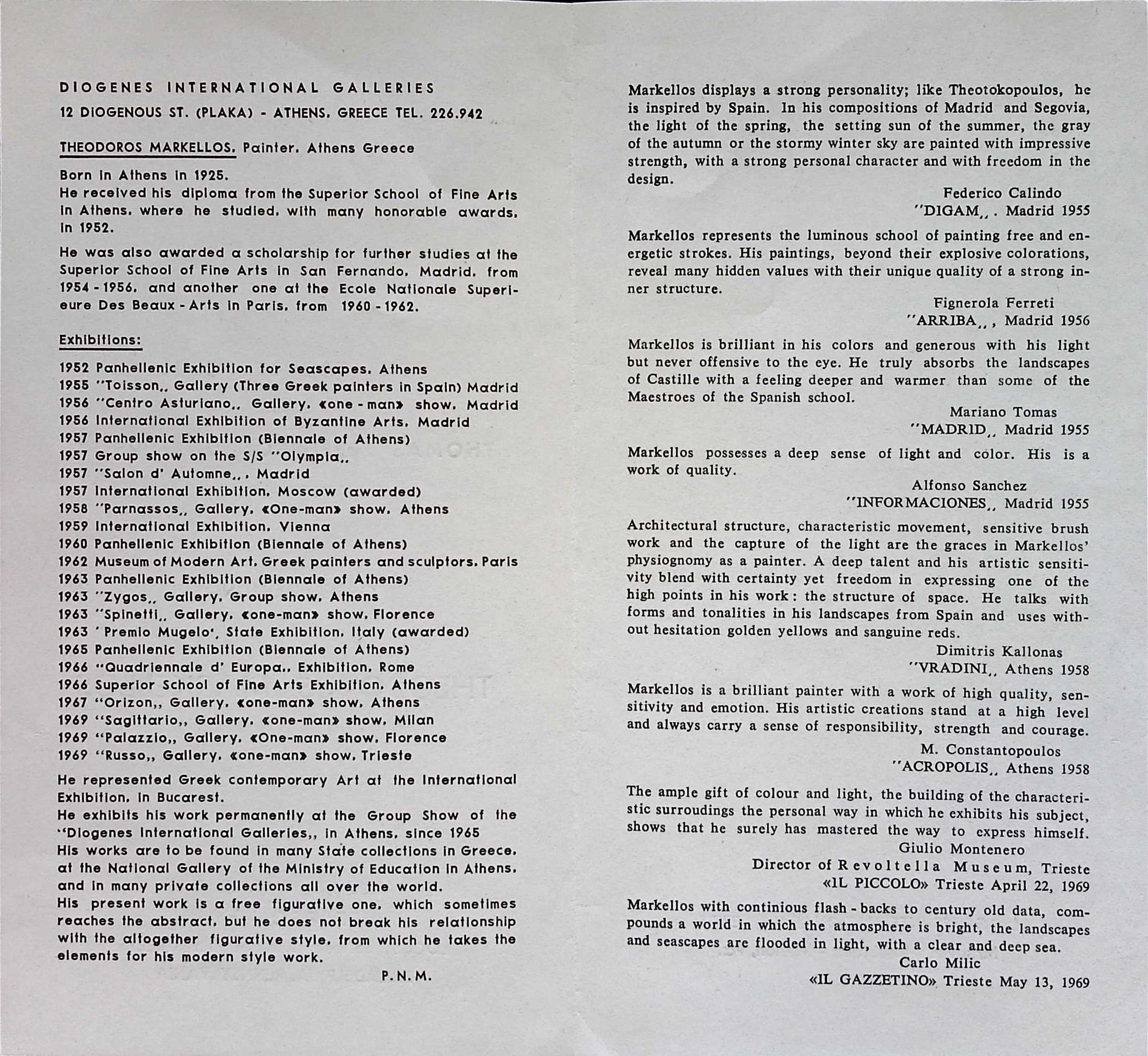 Theodoros Markellos Profile, Diogenes Galleries, 1969 — Theodoros Markellos archive