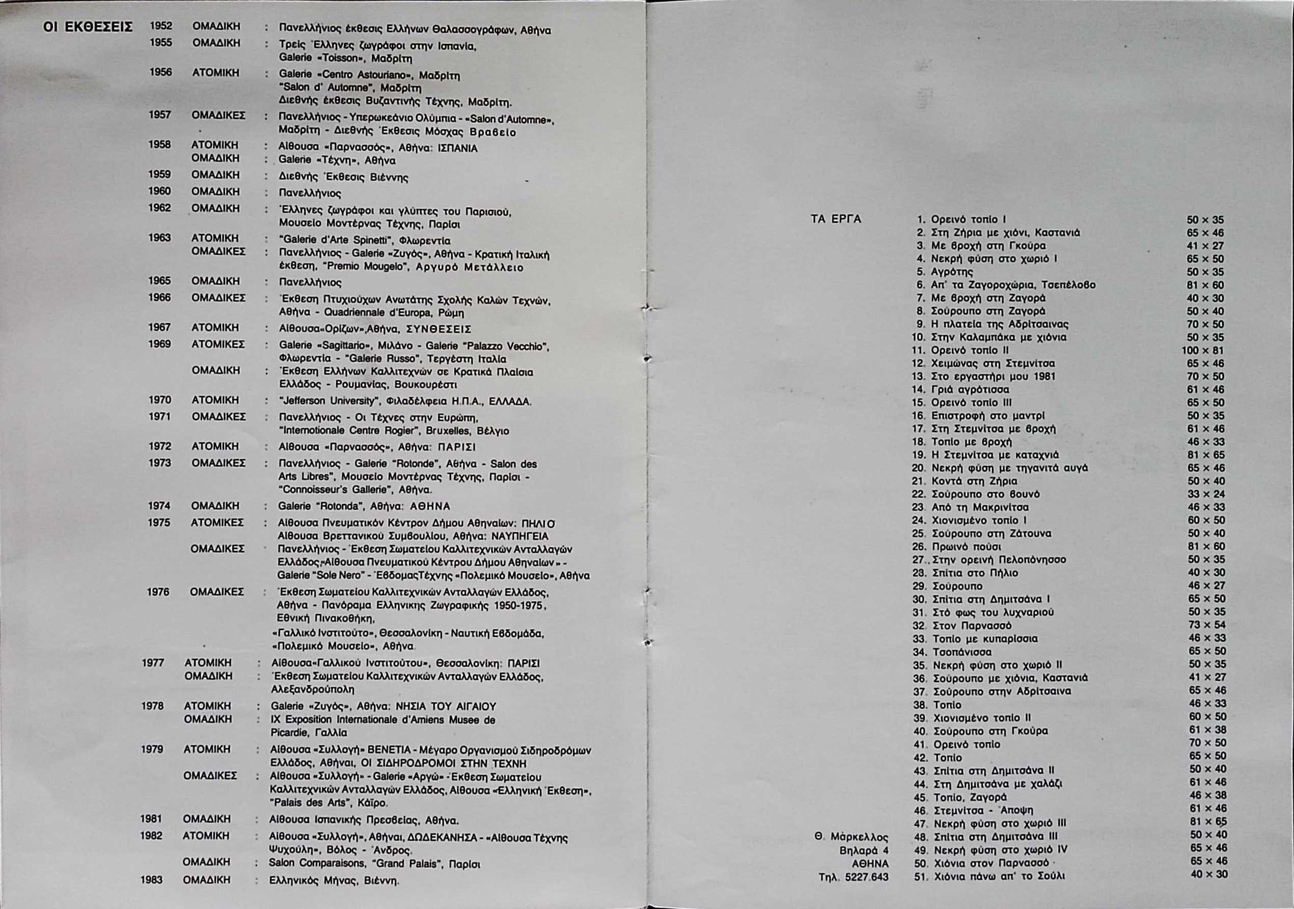 Catalog of Exhibitions and Works by Theodoros Markellos 1983 — Theodoros Markellos archive
