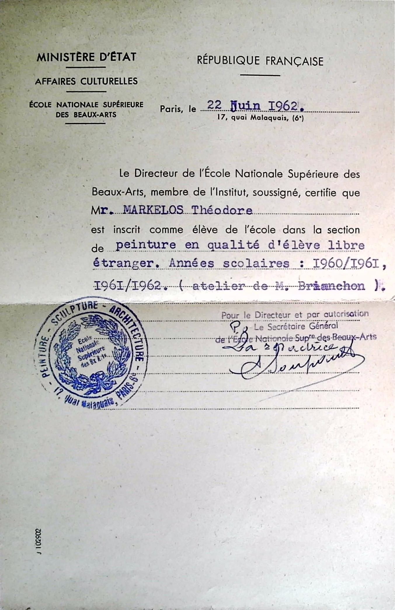 Certificate of enrollment of Theodore Markellos at École des Beaux-Arts Paris (1962) — Theodoros Markellos archive