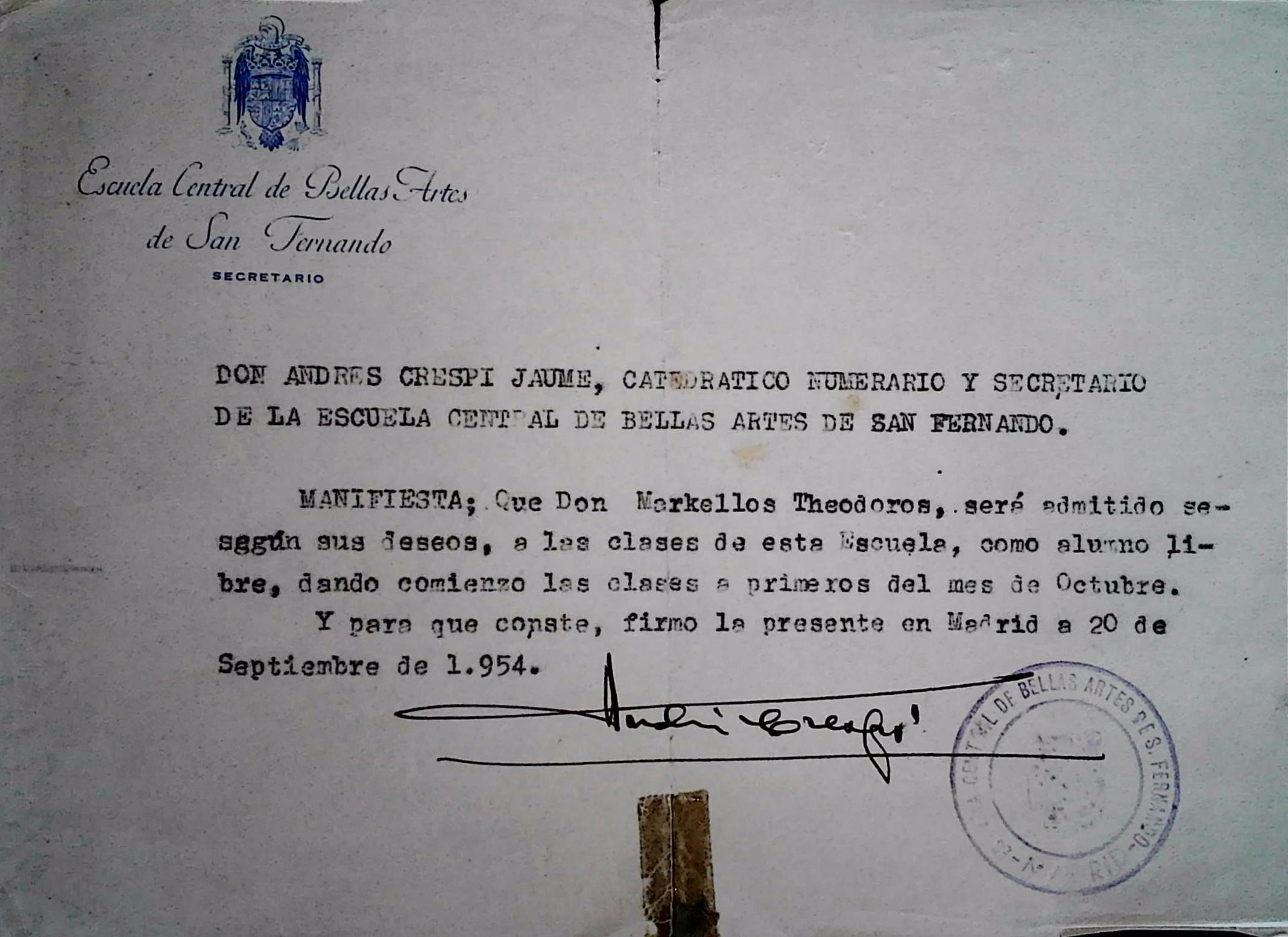 Certificate of enrollment of Theodoros Markellos at the Central School of Fine Arts of San Fernando (1954) — Theodoros Markellos archive