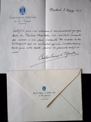 Certificate of studies for Theodoros Markellos by Carlos Faing de Teguela (1917) — Theodoros Markellos
