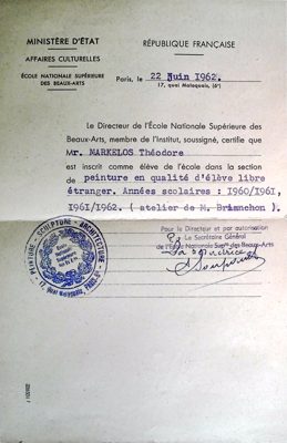 Certificate of enrollment of Theodore Markellos at École des Beaux-Arts Paris (1962) — Theodoros Markellos