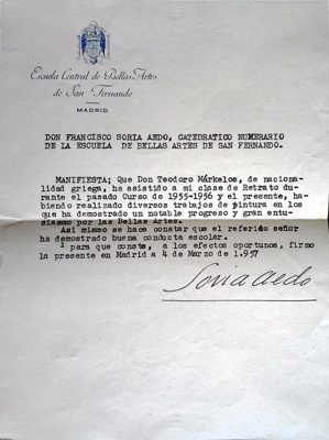 Certificate of attendance in portrait class by Teodoro Márkelos (1957) — Theodoros Markellos