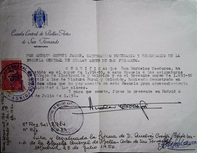 Certificate of studies for Theodoros Markellos at Escuela Central de Bellas Artes de San Fernando (1956) — Theodoros Markellos