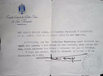 Certificate of admission of Theodoros Markellos to the Central School of Fine Arts of San Fernando (1954) — Theodoros Markellos