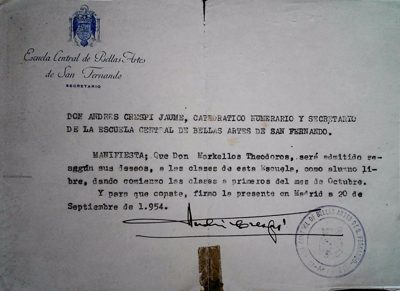 Certificate of enrollment of Theodoros Markellos at the Central School of Fine Arts of San Fernando (1954) — Theodoros Markellos
