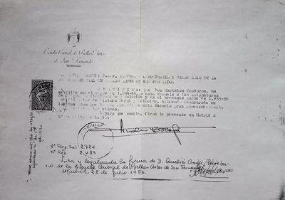 Certificate of studies for Theodoros Markellos at the Central School of Fine Arts of San Fernando (1956) — Theodoros Markellos