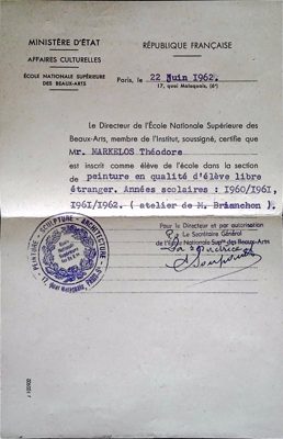 Certificate of enrollment of Theodore Markellos at École Nationale Supérieure des Beaux-Arts Paris 1962 — Theodoros Markellos