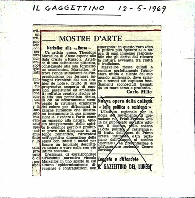 Report on Theodor Markellos exhibition at 'Russo' in Il Gazzettino (1969) — Theodoros Markellos