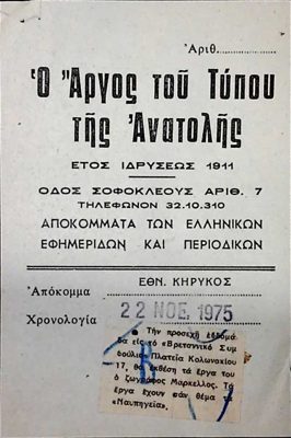 Announcement of Michael exhibition at British Council, Argos tou Typou 1975 — Theodoros Markellos