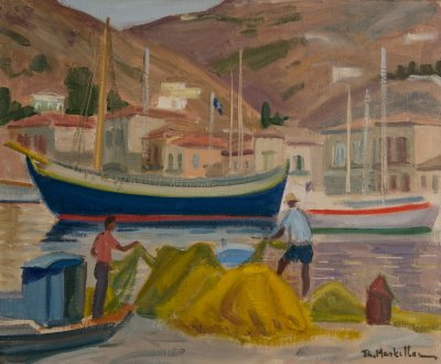 Hydra, Fishermen with Nets at the Harbor — Theodoros Markellos
