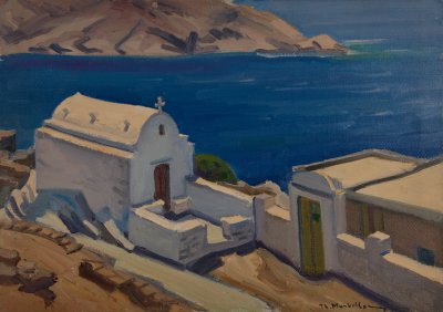 Χιος,δρομος με σπιτια και εκκλησια,φοντο θαλασσα — Theodoros Markellos