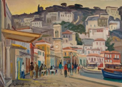 Υδρα με πολυ κοσμο στο λιμανι,κιτρινος ουρανος — Theodoros Markellos
