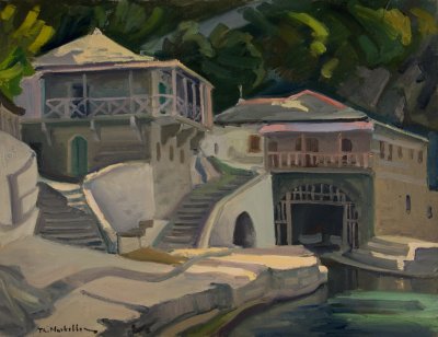 Monastery of Dionysiou from Sea Below — Theodoros Markellos