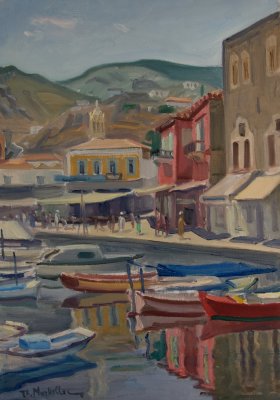 Hydra Harbor Evening, Near the Boats — Theodoros Markellos