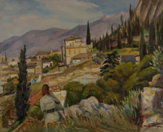 Village Among Cypresses — Oil painting, Canvas, 43.00×53.00cm — Theodoros Markellos