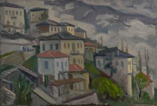 Village on the Hillside — Oil painting, Plywood, 50.00×73.00cm — Theodoros Markellos