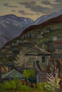 Village at the Mountain's Foot — Oil painting, Fiberboard, 38.00×55.00cm — Theodoros Markellos