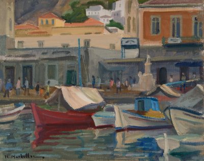 Hydra Harbor, Boats, Statue, No Sky — Theodoros Markellos