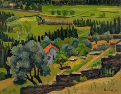 Cottage Among the Cypresses — Oil painting, Fiberboard, 35.00×45.00cm — Theodoros Markellos