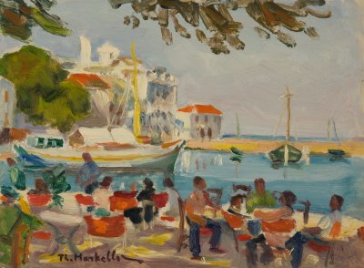 Σκοπελος κοσμος σε καφενιο,φοντο το λυμανι — Theodoros Markellos