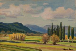 Cypress Valley with Cultivated Fields — Oil painting, Canvas, 38.00×55.00cm — Theodoros Markellos