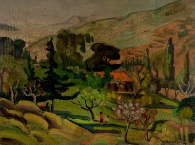 Village Among the Hills — Oil painting, Plywood, 46.00×61.00cm — Theodoros Markellos