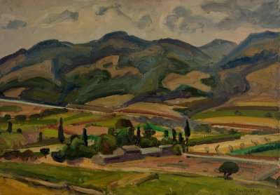 Landscape with Cypresses and Mountains — Oil painting, Fiberboard, 46.00×65.00cm — Theodoros Markellos