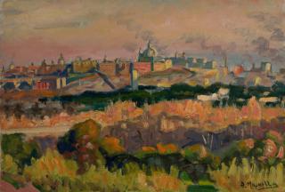 Medieval City with Wildflowers — Oil painting, Fiberboard, 40.00×56.00cm — Theodoros Markellos