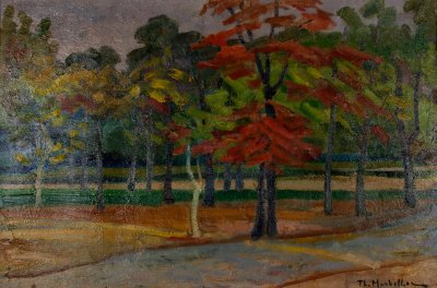 Autumn Trees in Morning Light — Oil painting, Plywood, 52.00×76.00cm — Theodoros Markellos