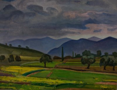 Valley with Cypresses — Oil painting, Canvas, 77.00×100.00cm — Theodoros Markellos