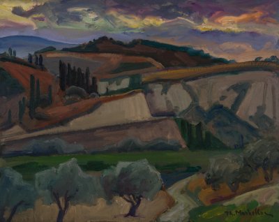 Tuscan Landscape with Cypresses — Oil painting, Fiberboard, 40.00×50.00cm — Theodoros Markellos