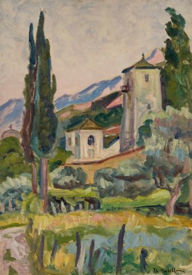 Church with Cypress Trees — Oil painting, Fiberboard, 36.00×51.00cm — Theodoros Markellos