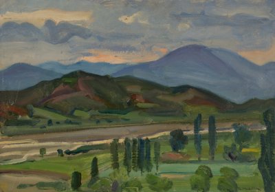 Valley with Cypresses and River — Oil painting, Fiberboard, 35.00×50.00cm — Theodoros Markellos