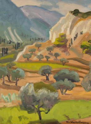 Olives on the Sunlit Slope — Oil painting, Fiberboard, 30.00×40.00cm — Theodoros Markellos