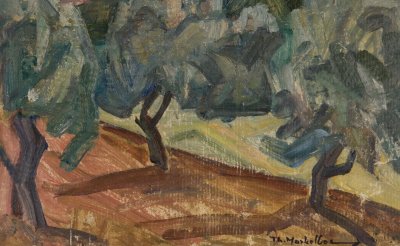 In the Shade of Trees — Oil painting, Fiberboard, 22.00×35.00cm — Theodoros Markellos