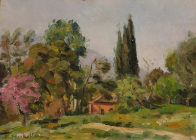 Garden with Cypress — Oil painting, Plywood, 26.00×36.00cm — Theodoros Markellos