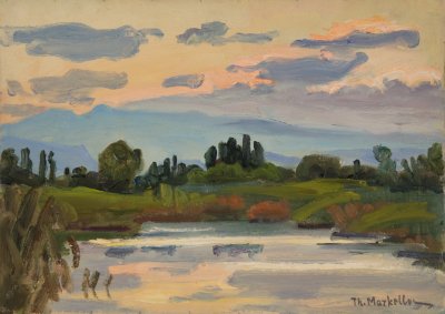 River with Cypresses — Oil painting, Canvas, 33.00×46.00cm — Theodoros Markellos