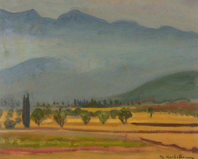 Valley with Cypresses — Oil painting, Plywood, 40.00×50.00cm — Theodoros Markellos