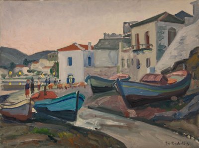 Skopelos, Boats on Shore, Houses, Sunset — Theodoros Markellos