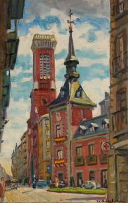 Madrid, Red Bell Tower, Road with Perspective — Theodoros Markellos